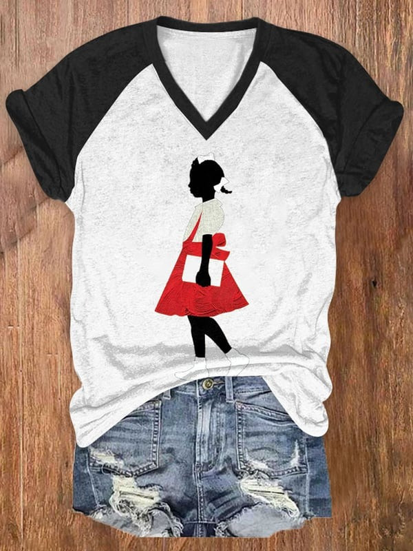 Black Girl In Red Dress Art V-Neck T-Shirt African American Youth Pride Gift For Her - Tradiviet