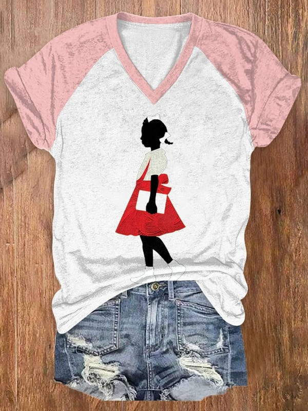 Black Girl In Red Dress Art V-Neck T-Shirt African American Youth Pride Gift For Her - Tradiviet - Image 3