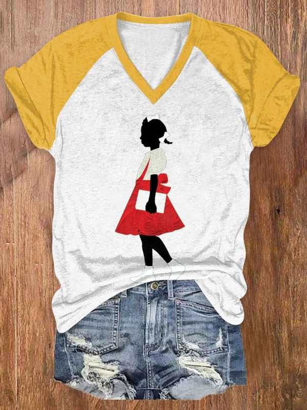 Black Girl In Red Dress Art V-Neck T-Shirt African American Youth Pride Gift For Her - Tradiviet - Image 5