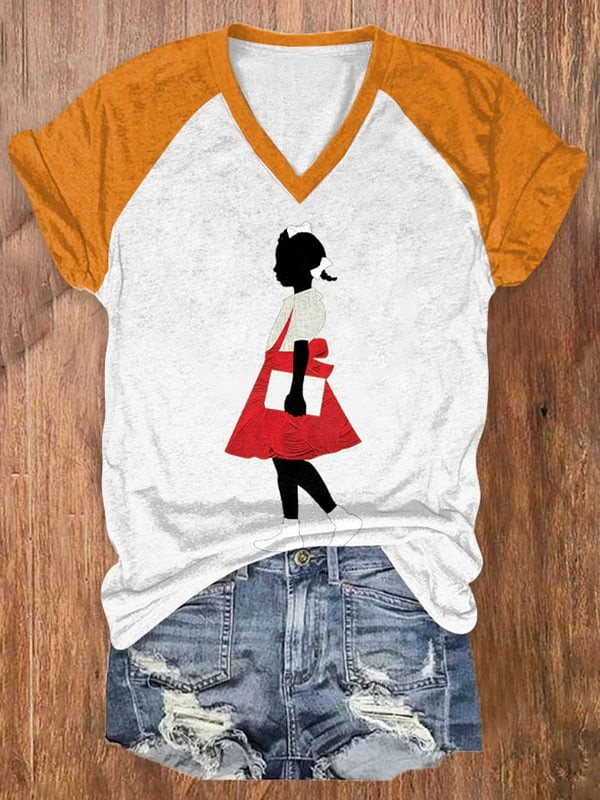 Black Girl In Red Dress Art V-Neck T-Shirt African American Youth Pride Gift For Her - Tradiviet - Image 6