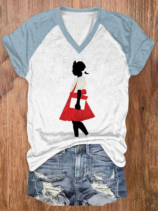 Black Girl In Red Dress Art V-Neck T-Shirt African American Youth Pride Gift For Her - Tradiviet - Image 4