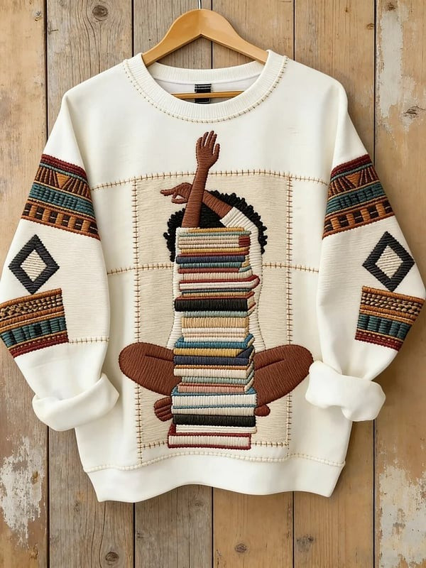 Black Girl Reading Book Stack Sweatshirt African American Literary Art Clothing Gift For Her - Tradiviet
