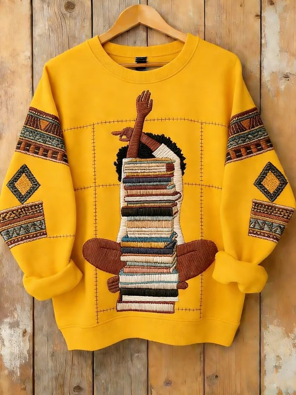 Black Girl Reading Book Stack Sweatshirt African American Literary Art Clothing Gift For Her - Tradiviet - Image 4