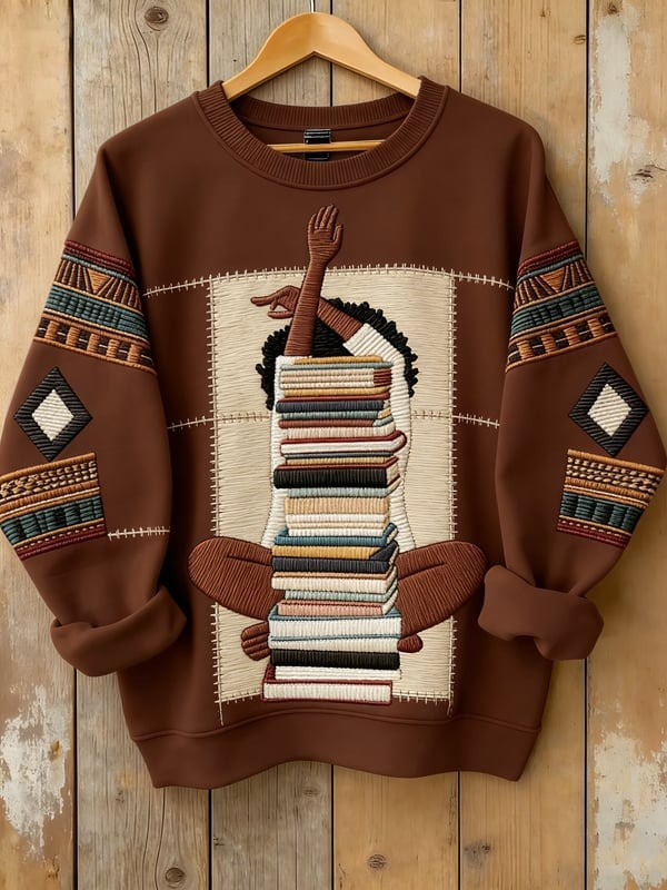 Black Girl Reading Book Stack Sweatshirt African American Literary Art Clothing Gift For Her - Tradiviet - Image 3