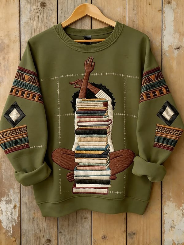 Black Girl Reading Book Stack Sweatshirt African American Literary Art Clothing Gift For Her - Tradiviet - Image 5
