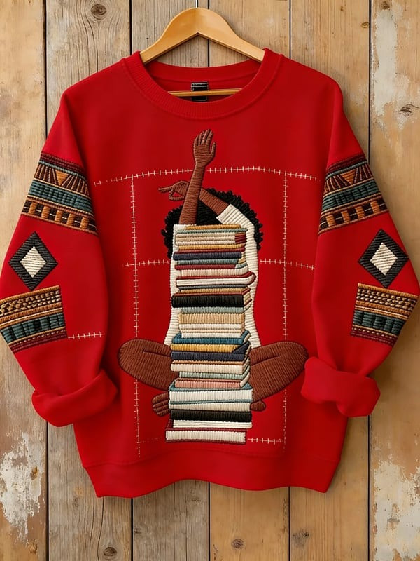 Black Girl Reading Book Stack Sweatshirt African American Literary Art Clothing Gift For Her - Tradiviet - Image 6