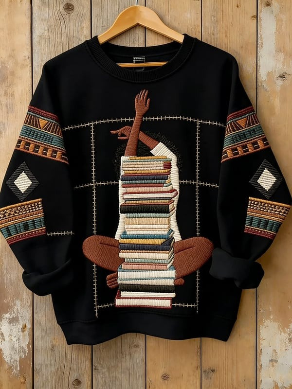 Black Girl Reading Book Stack Sweatshirt African American Literary Art Clothing Gift For Her - Tradiviet - Image 2