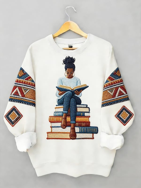 Black Girl Reading Books Sweatshirt African American Book Lover Crewneck Gift For Women - Tradiviet