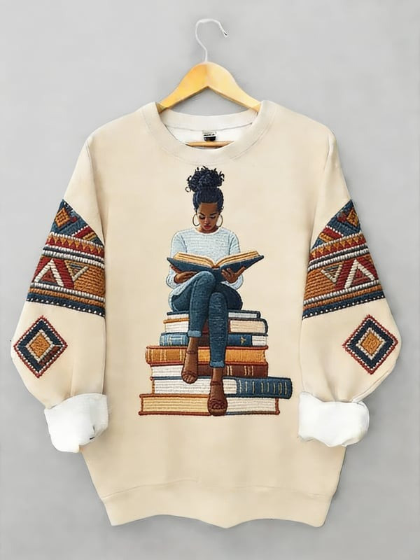 Black Girl Reading Books Sweatshirt African American Book Lover Crewneck Gift For Women - Tradiviet - Image 4