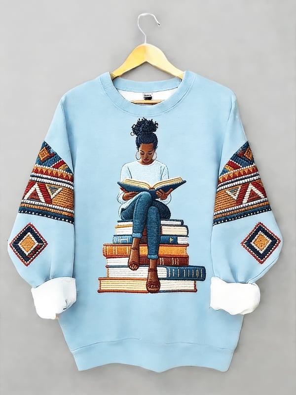 Black Girl Reading Books Sweatshirt African American Book Lover Crewneck Gift For Women - Tradiviet - Image 2