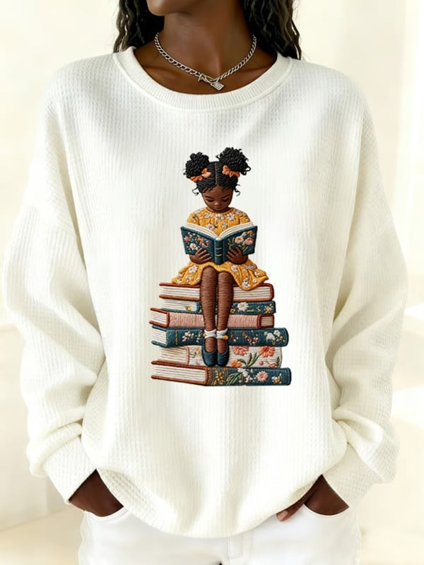 Black Girl Reading Books Waffle Sweatshirt African American Literacy Shirt Gift For Mom - Tradiviet - Image 2
