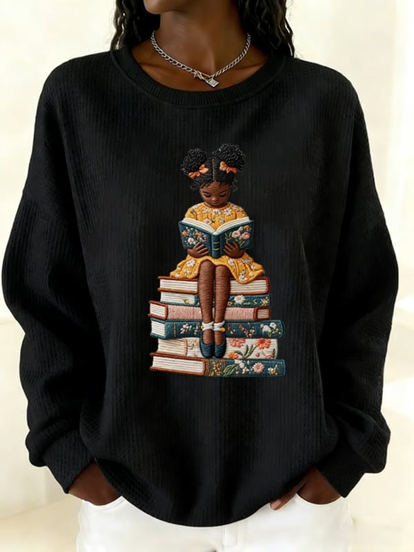 Black Girl Reading Books Waffle Sweatshirt African American Literacy Shirt Gift For Mom - Tradiviet