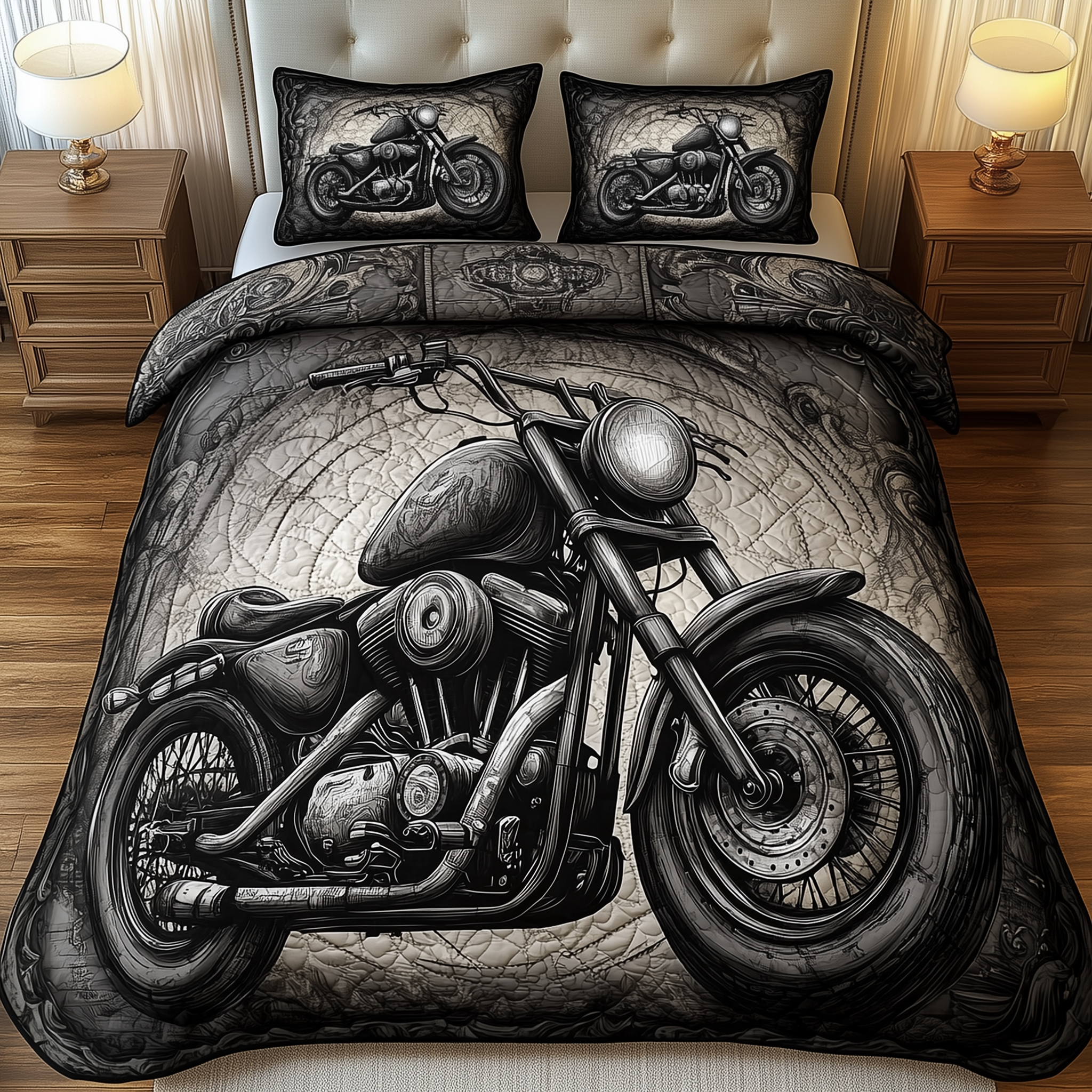 Black Motorcycle Quilted Bedding Sett Holiday Decorations Unique Gifts For Motorcycle Riders - Tradiviet