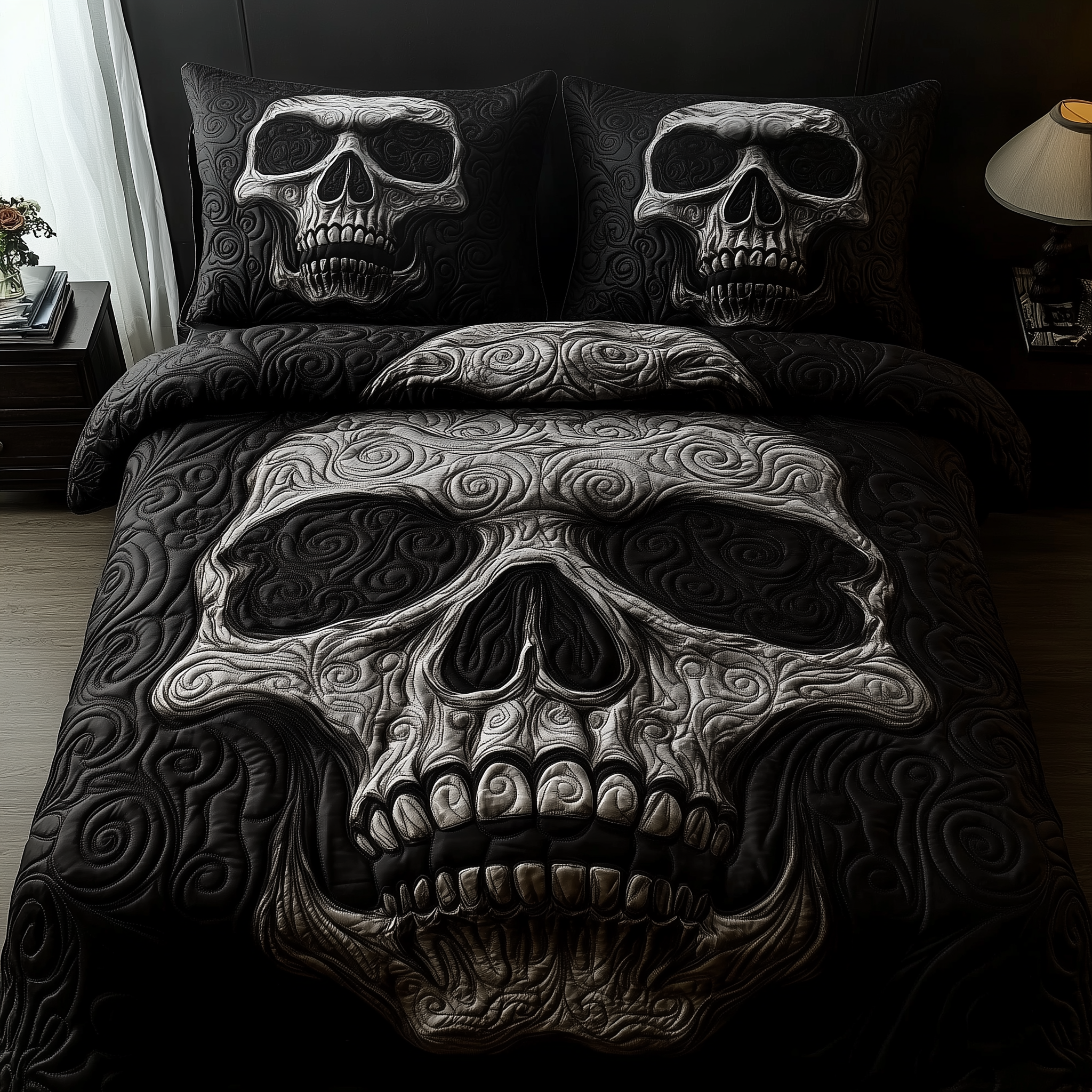 Black Skull Quilted Bedding Set Room Decoration Items Skull Gifts For Dad - Tradiviet