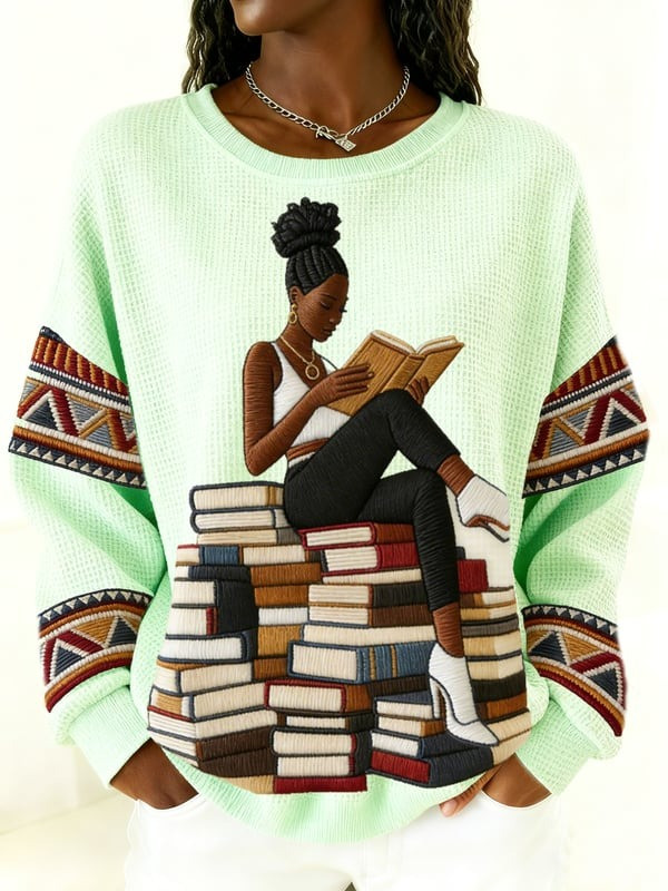 Black Woman Reading On Book Stack Waffle Sweatshirt African American Literary Art Gift For Her - Tradiviet - Image 4