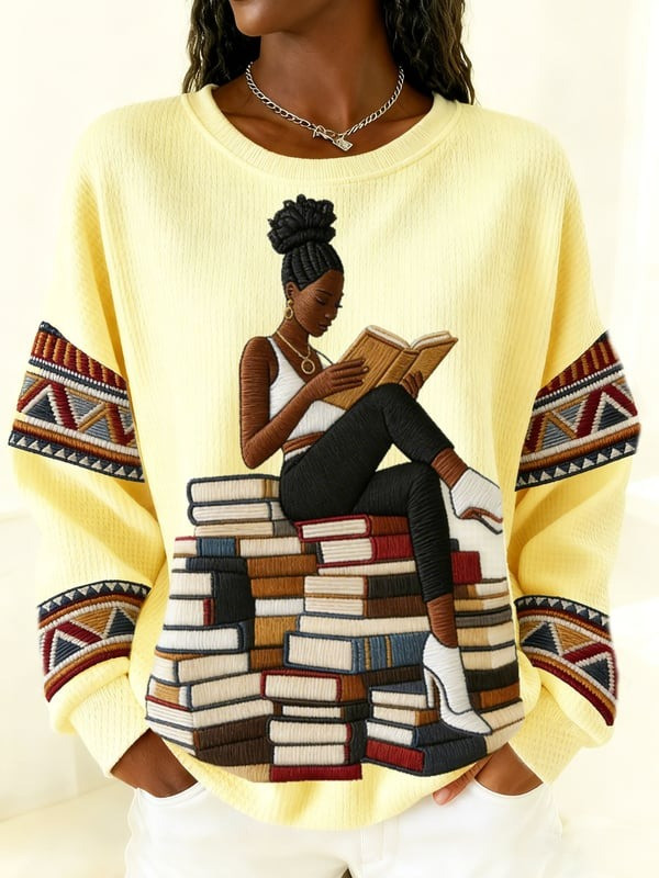 Black Woman Reading On Book Stack Waffle Sweatshirt African American Literary Art Gift For Her - Tradiviet - Image 2