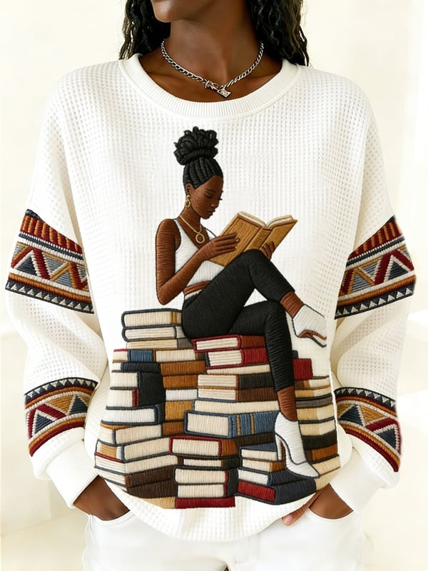 Black Woman Reading On Book Stack Waffle Sweatshirt African American Literary Art Gift For Her - Tradiviet