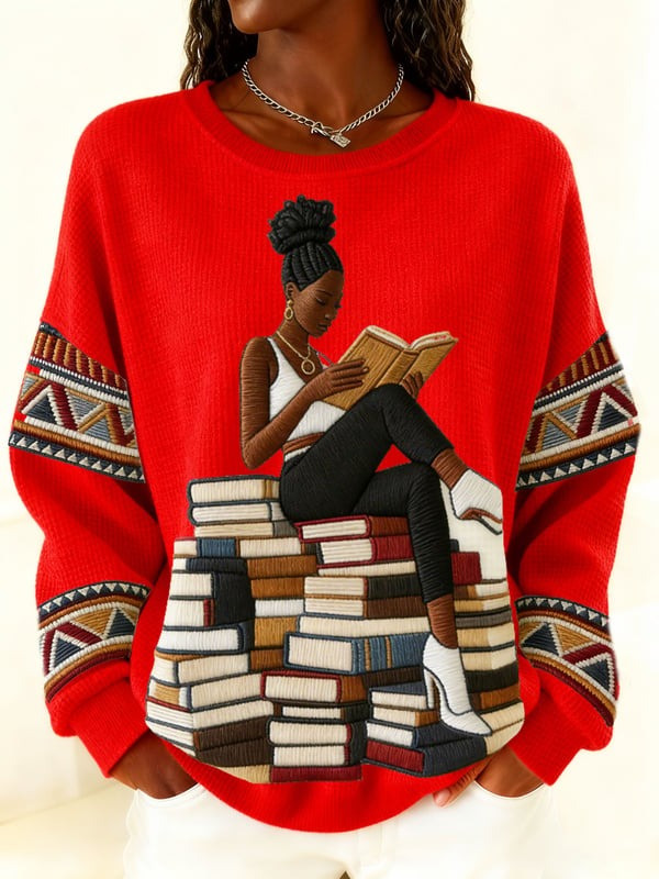 Black Woman Reading On Book Stack Waffle Sweatshirt African American Literary Art Gift For Her - Tradiviet - Image 3