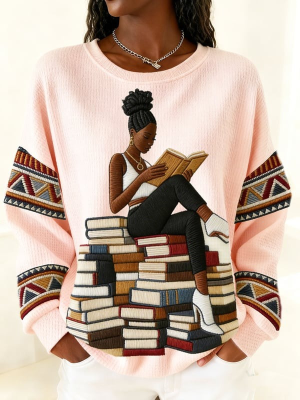 Black Woman Reading On Book Stack Waffle Sweatshirt African American Literary Art Gift For Her - Tradiviet - Image 5