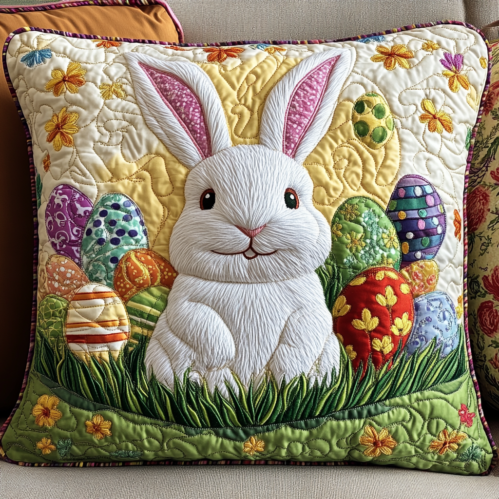 Bloom Bunny Quilted Pillow Case Spring Bunny Meadow Home Decor Gift for Mom - Tradiviet