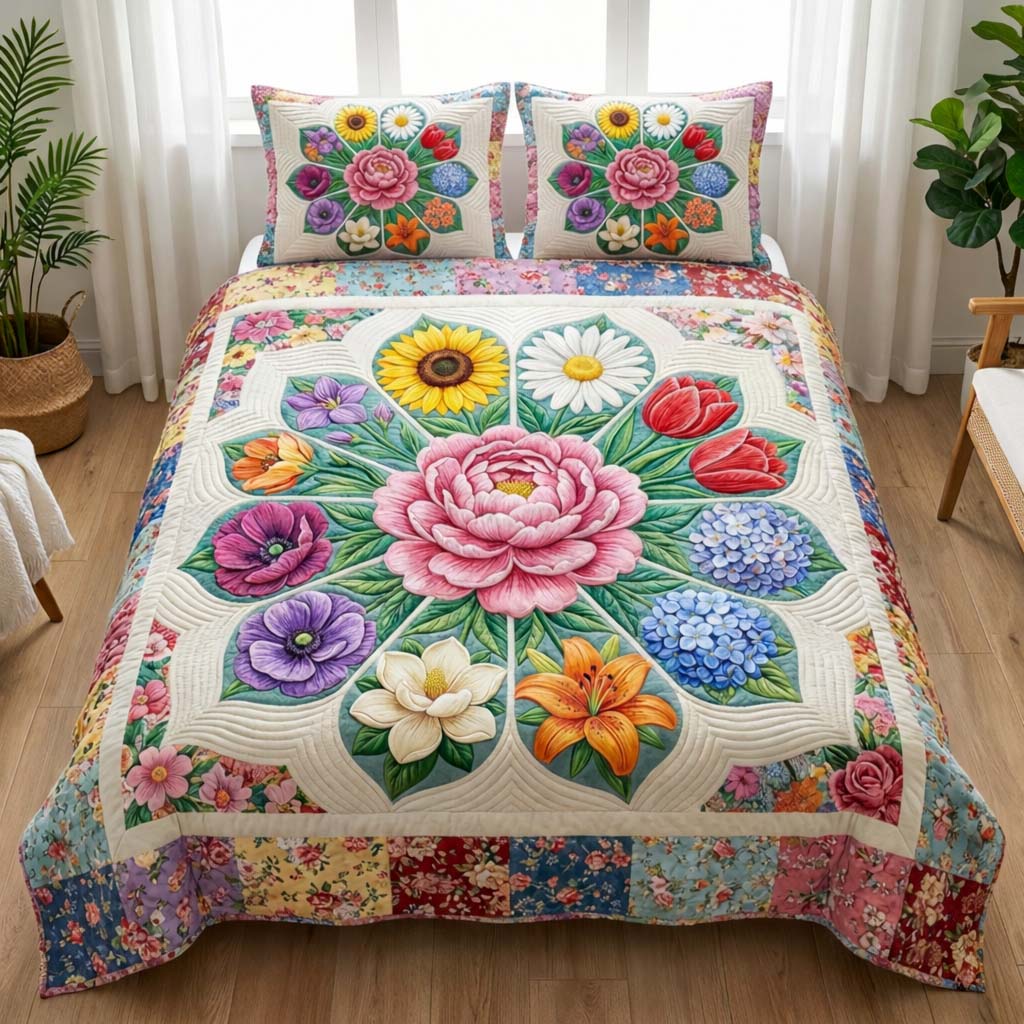 Bloom Rosette Quilted Bedding Set Holiday Bedroom Decor Flower Rose Gift Ideas - Tradiviet