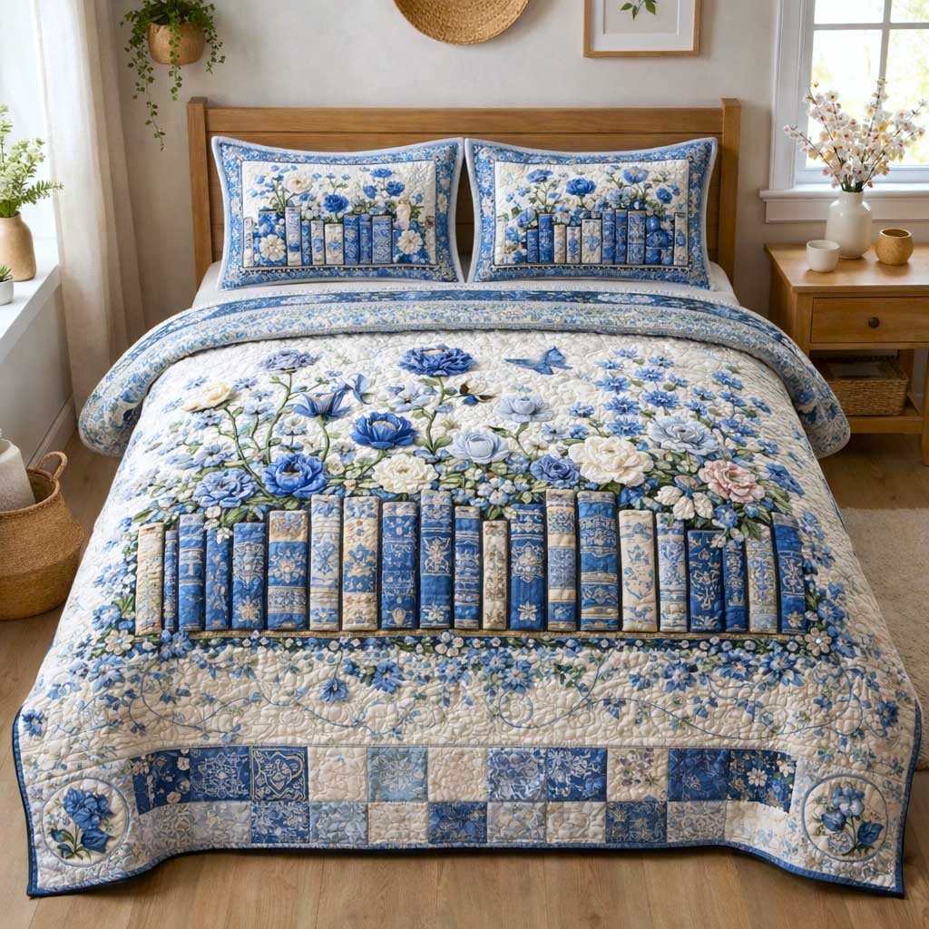 Blooming Books Quilted Bedding Set Holiday Home Decor Ideas Gifts For Book Lovers Nerd - Tradiviet
