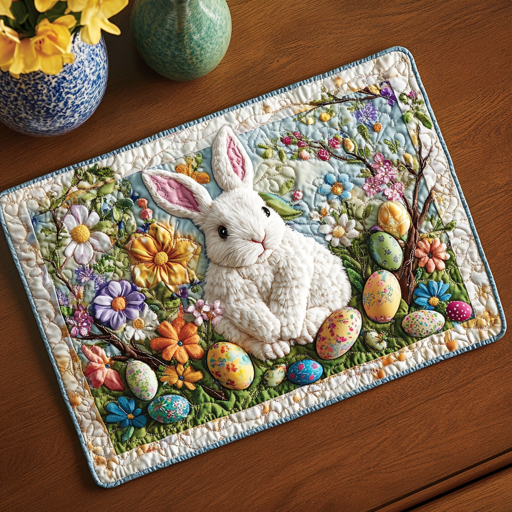 Blooming Bunny Quilted Place Mat Spring Meadow Floral Table Mat Unique Gift For Family - Tradiviet