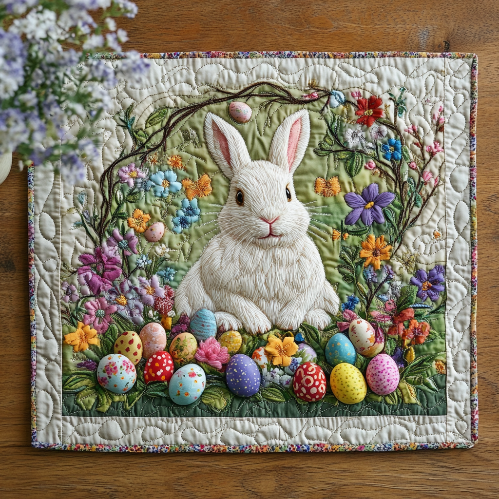 Blooming Bunny Quilted Place Mat Vintage Easter Bunny Cottage Table Mat Unique Gift For Mom - Tradiviet
