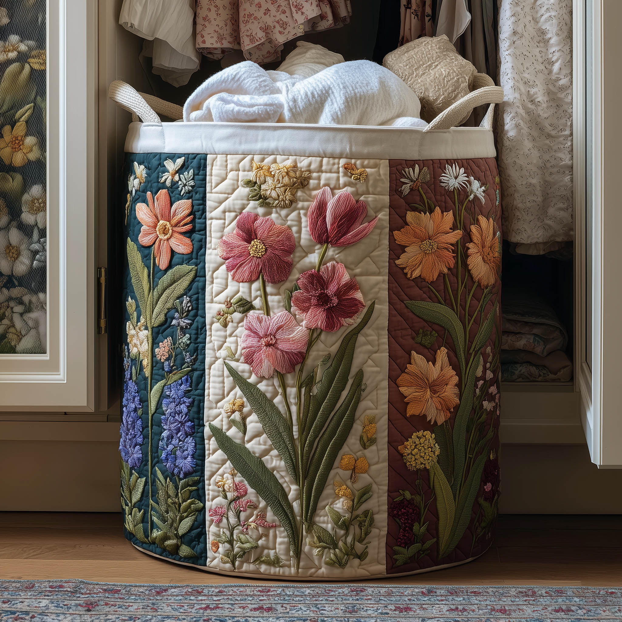 Blooming Charm Quilted Laundry Basket Best Laundry Hamper Gift For Grandma - Tradiviet