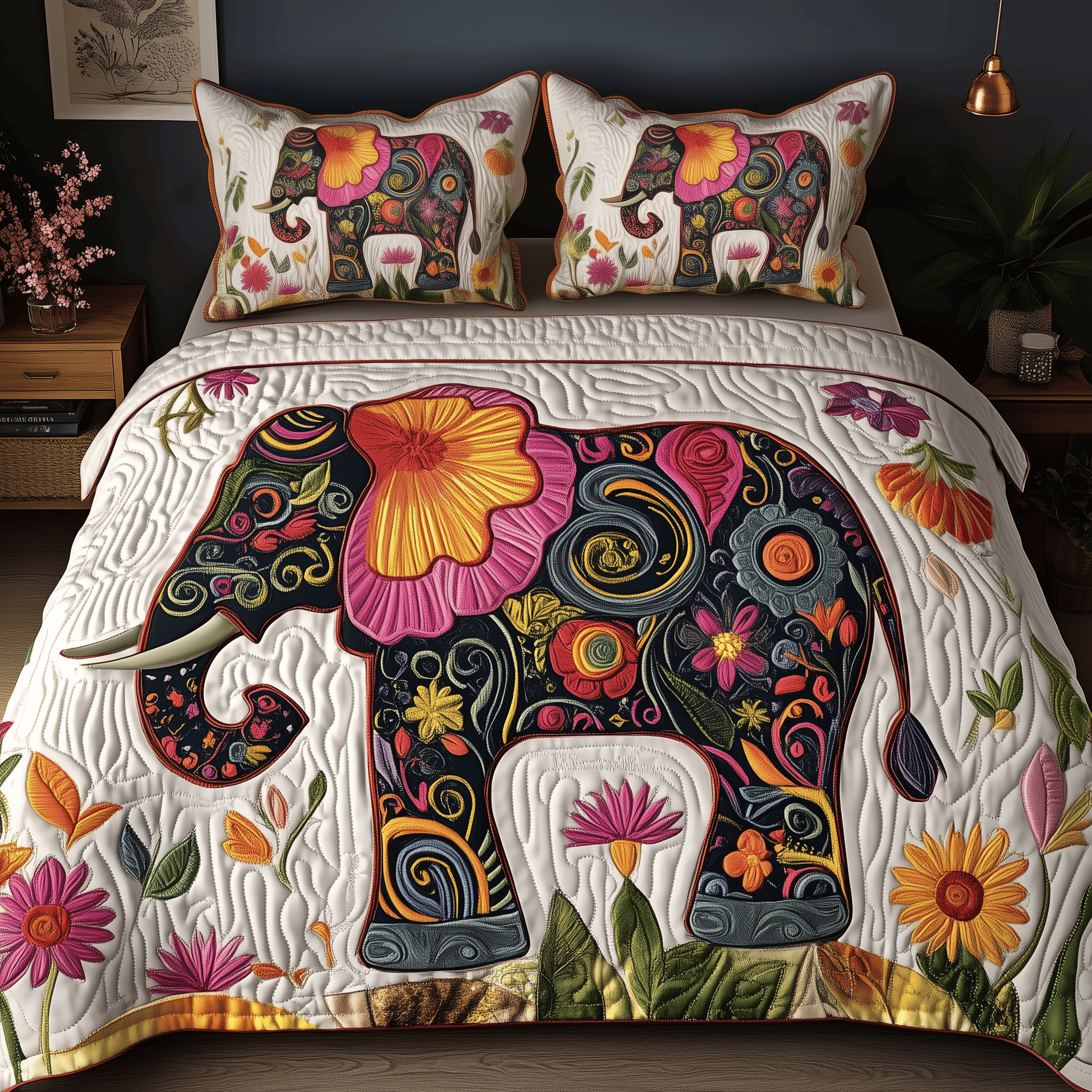 Blooming Elephant Stroll Quilted Bedding Set Whimsical Elephant Garden Home Decor Gift For Son - Tradiviet