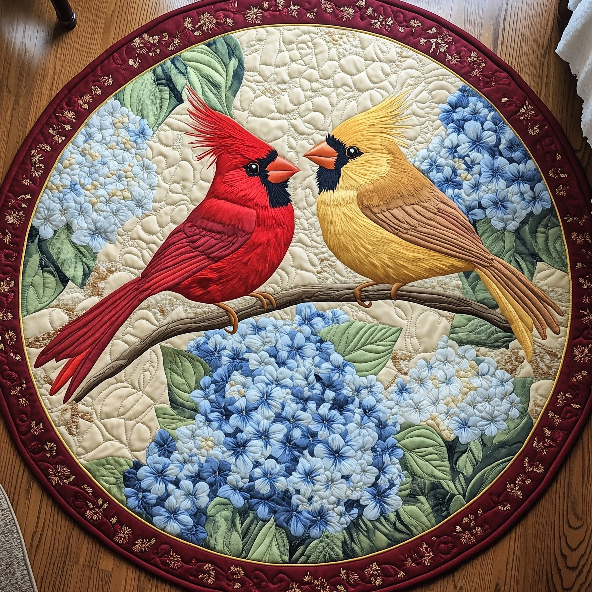 Blooming Hydrangea Cardinal Quilted Round Mat Cardinal Circle Rug Gifts For Girlfriend - Tradiviet