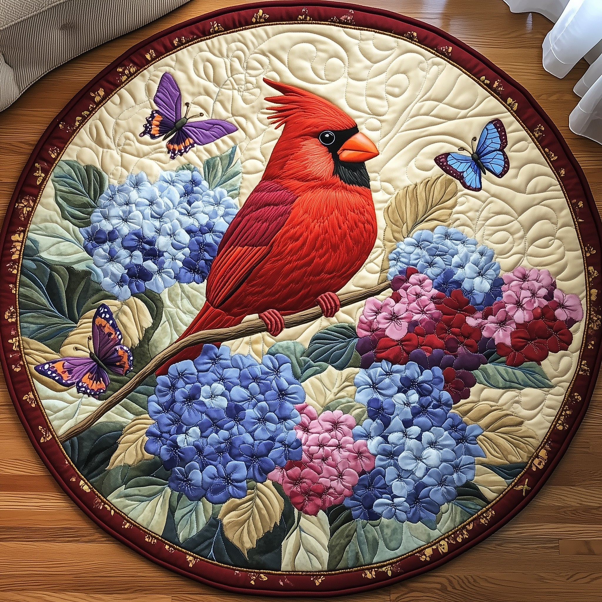 Blooming Hydrangea Cardinal Quilted Round Mat Floral Bliss Circle Rug Gifts For Him - Tradiviet