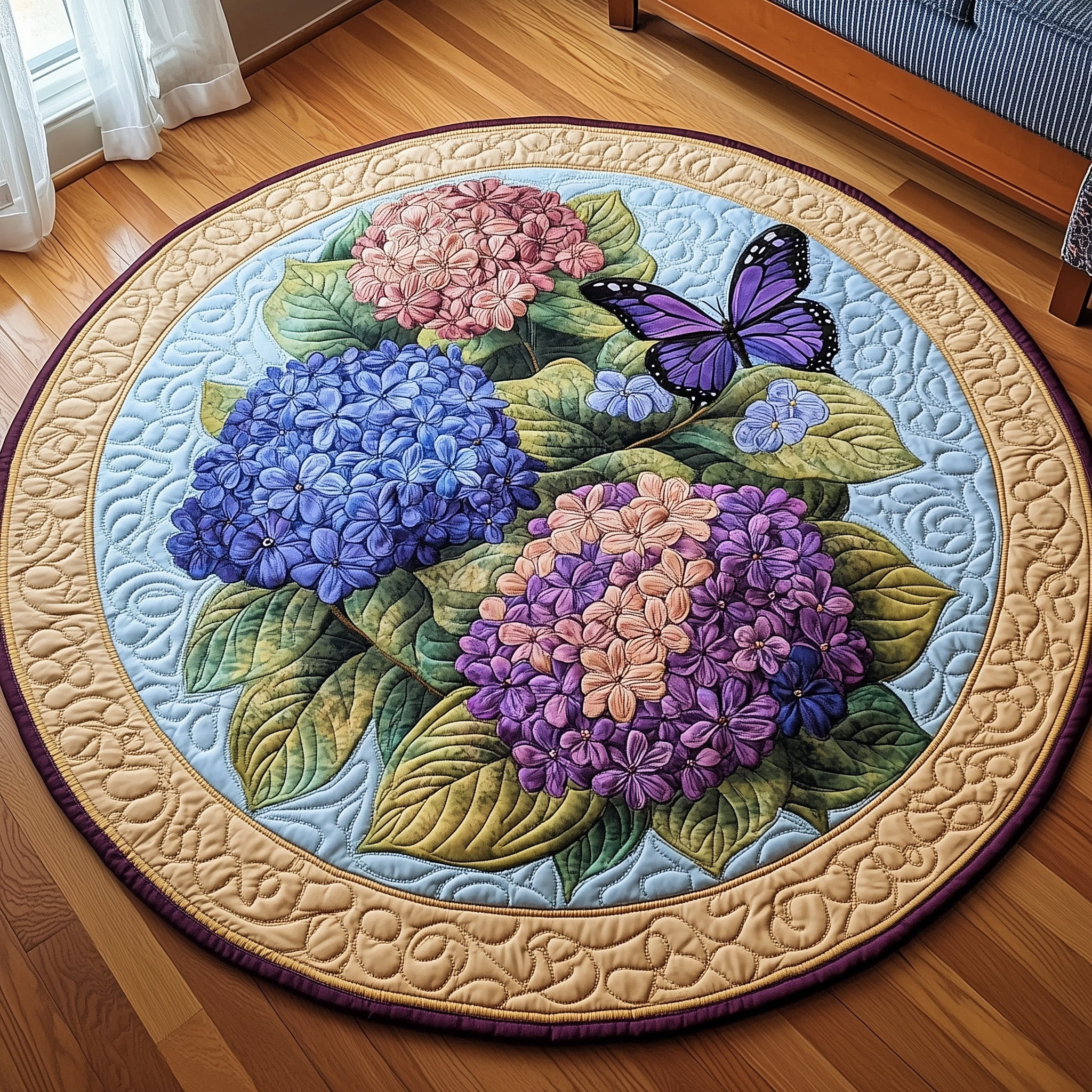 Blooming Hydrangea Paradise Quilted Round Mat Flower Lover Circle Rug Gift For Busy Moms - Tradiviet