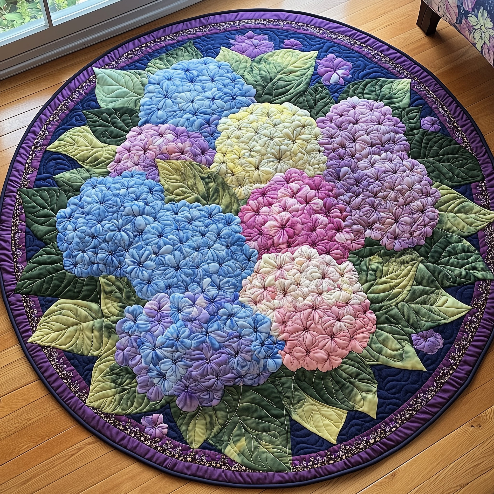 Blooming Hydrangea Paradise Quilted Round Mat Hydrangea Lover Circle Rug Gifts For Her - Tradiviet