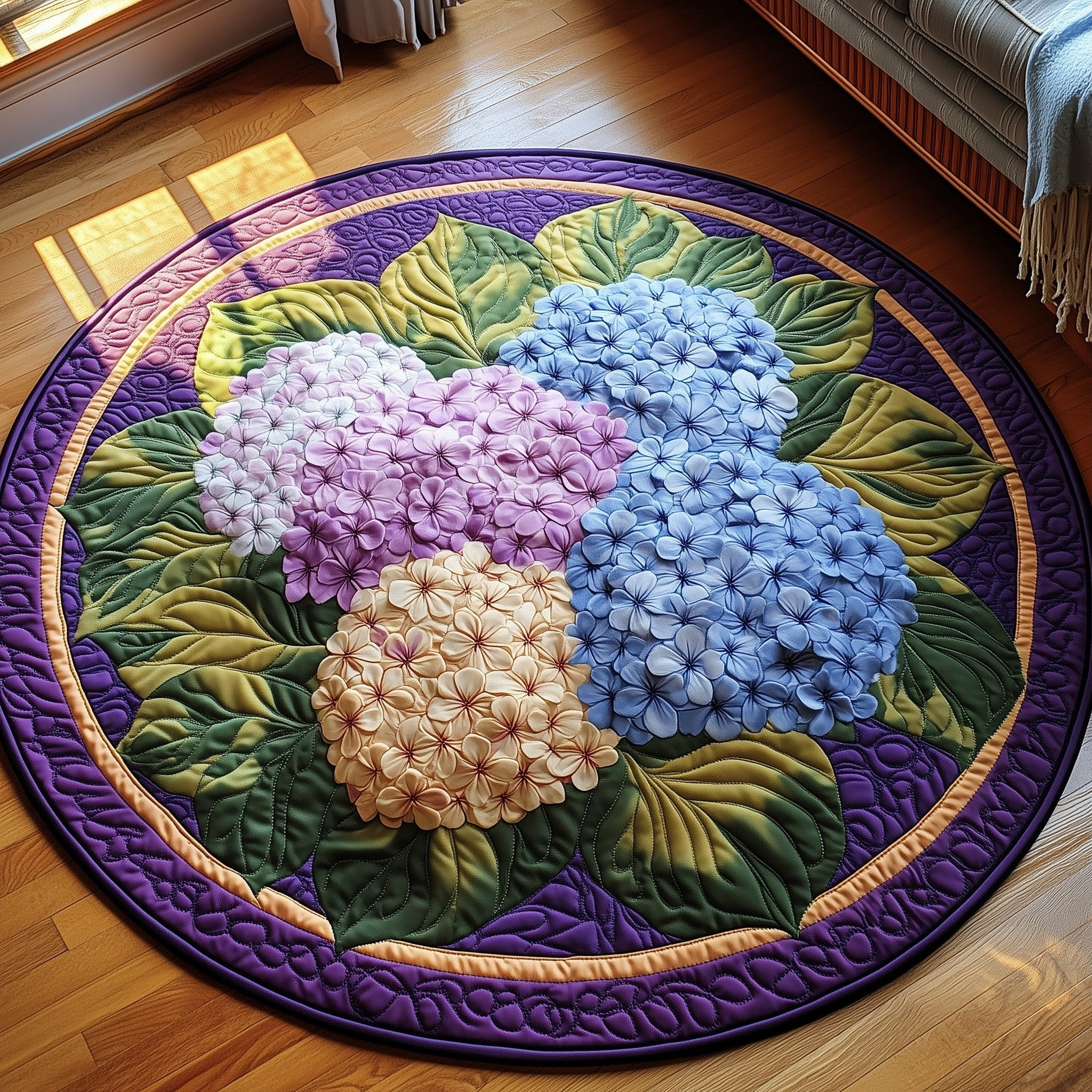 Blooming Hydrangea Quilted Round Mat Purple Floral Circle Rug Gift For Her - Tradiviet