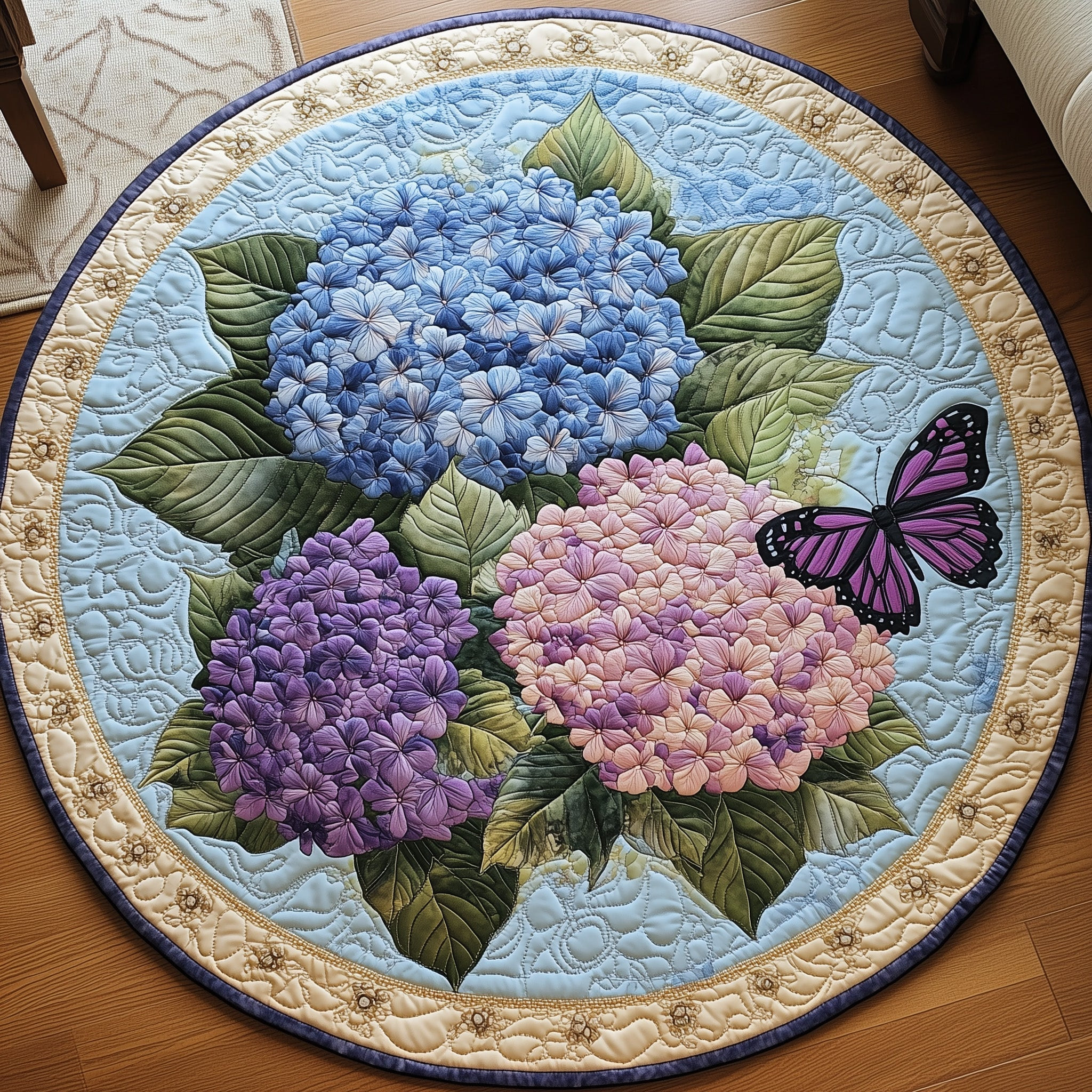 Blooming Hydrangea Skull Quilted Round Mat Hydrangea Bloom Elegance Circle Rug Gifts Ideas - Tradiviet