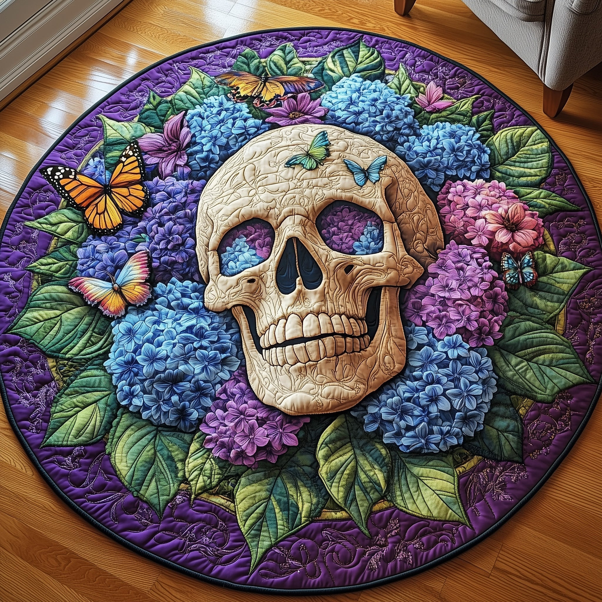 Blooming Hydrangea Skull Quilted Round Mat Hydrangea Bloom Elegance Circle Rug Gifts Ideas - Tradiviet