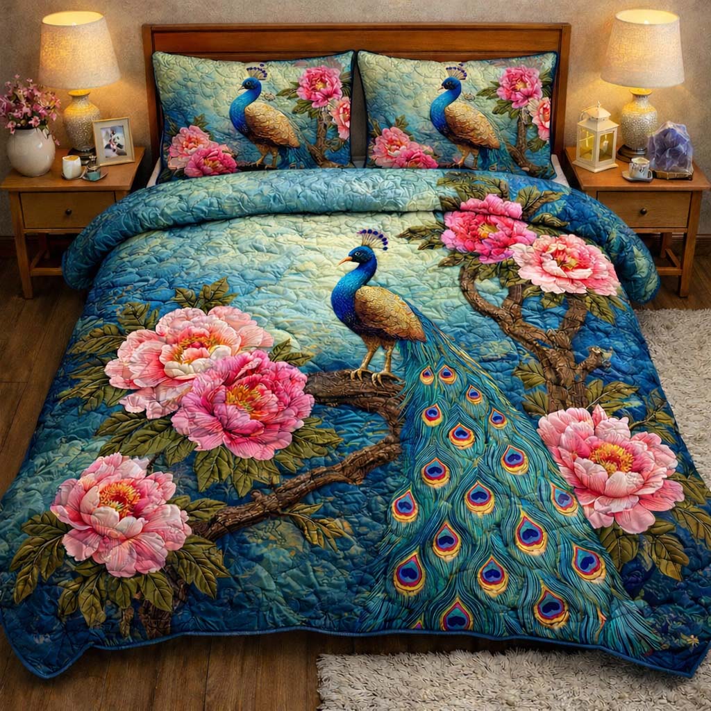 Blossom Branch Peacock Quilted Bedding Set Holiday Bedroom Decor Blossom Gift For Birthday - Tradiviet