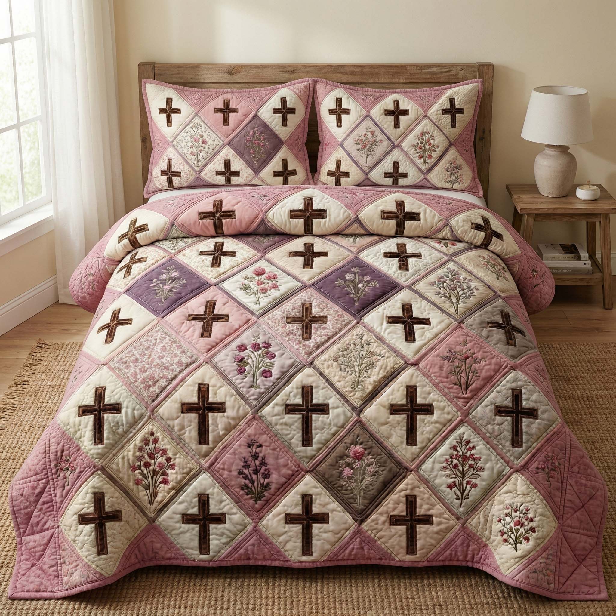 Blossom Cross Quilted Bedding Set Bed Room Decoration Blossom Decor Gift For BedRoom - Tradiviet