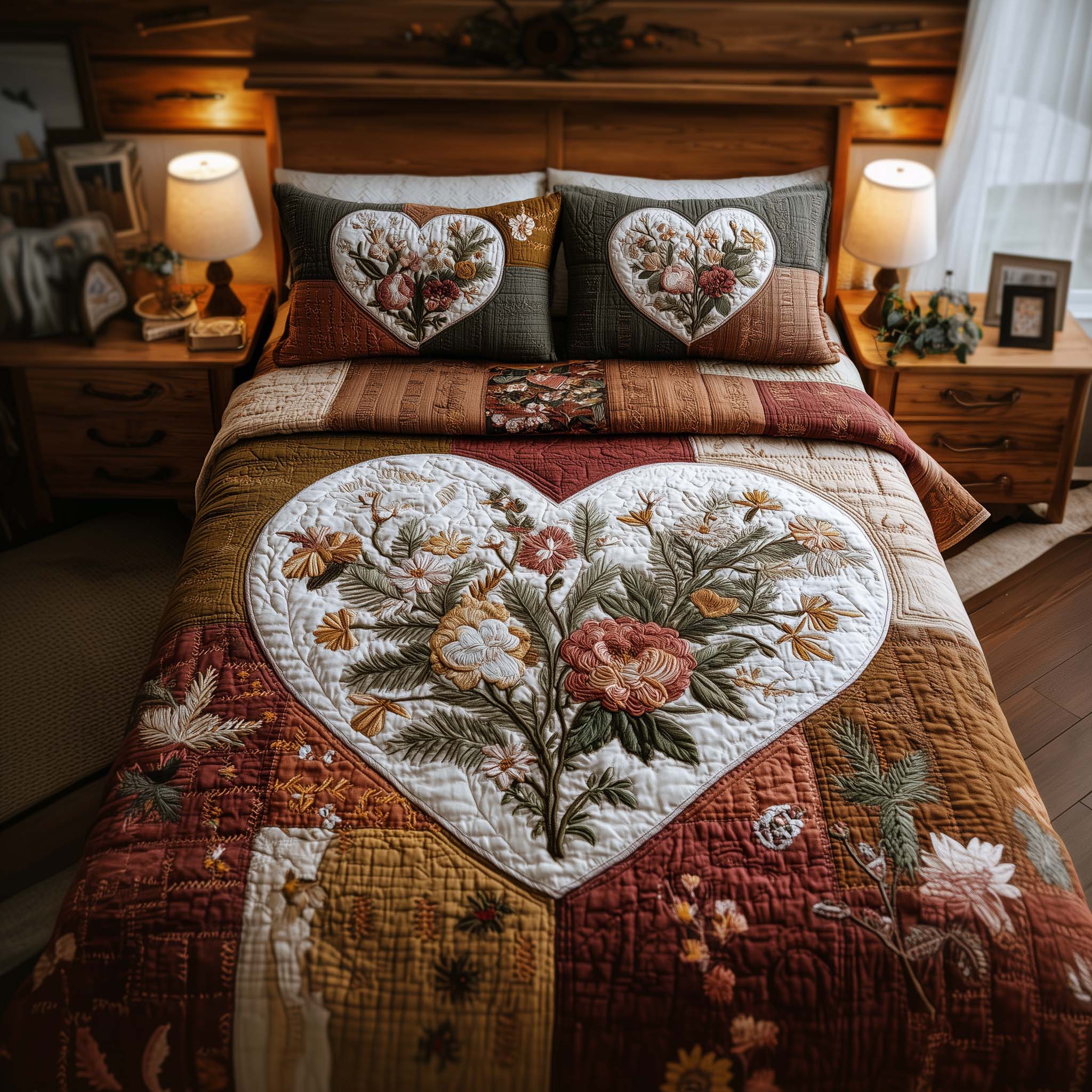 Blossom Heart Patchwork Quilted Bedding Set Autumn Inspired Bedroom Blossom Gift For Mom - Tradiviet