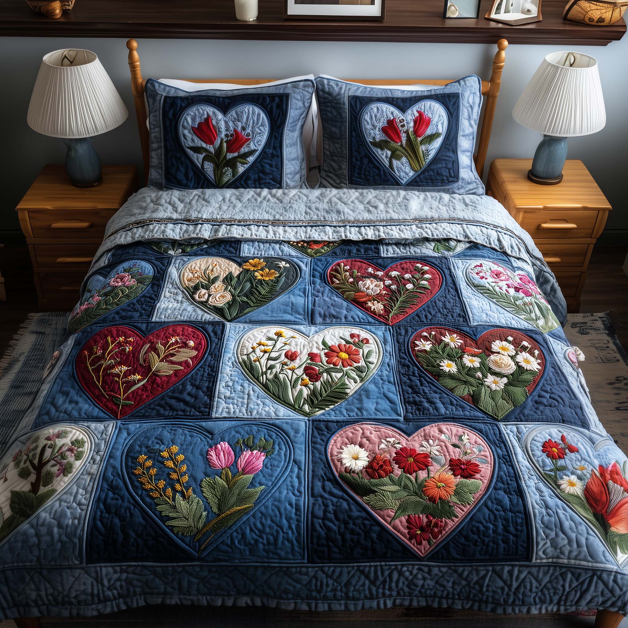 Blossom Heart Patchwork Quilted Bedding Set Bedroom Decorations Blossom Themed Gift For Her Bedroom - Tradiviet