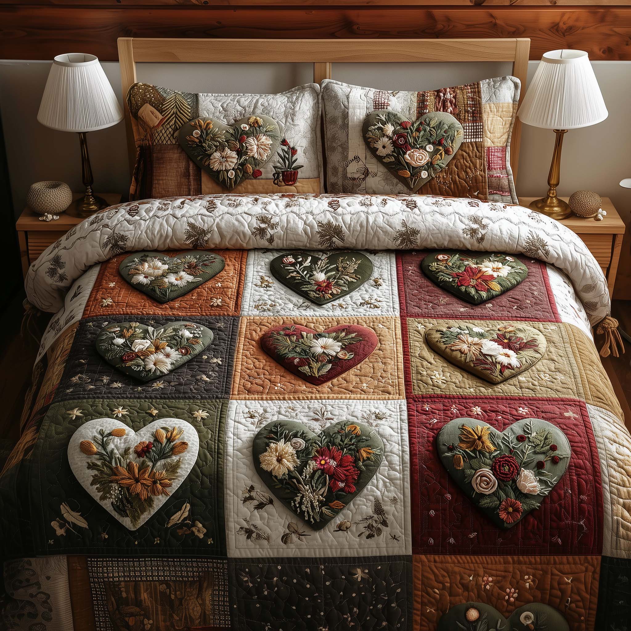 Blossom Heart Patchwork Quilted Bedding Set Bohemian Bedroom Furniture Blossom Gift For Flower Lovers - Tradiviet
