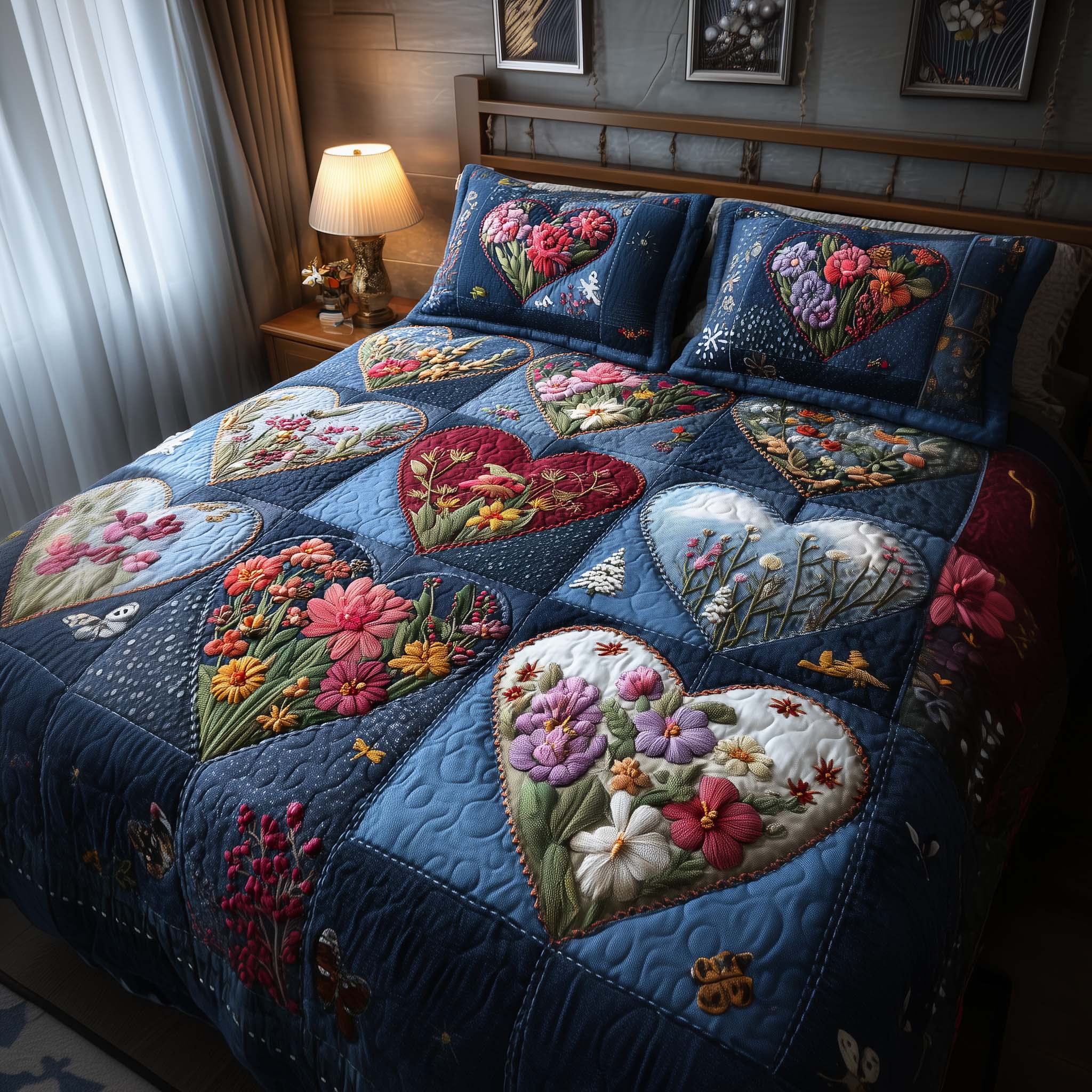 Blossom Heart Patchwork Quilted Bedding Set Bohemian Bedroom Furniture Blossom Home Decor Gift - Tradiviet