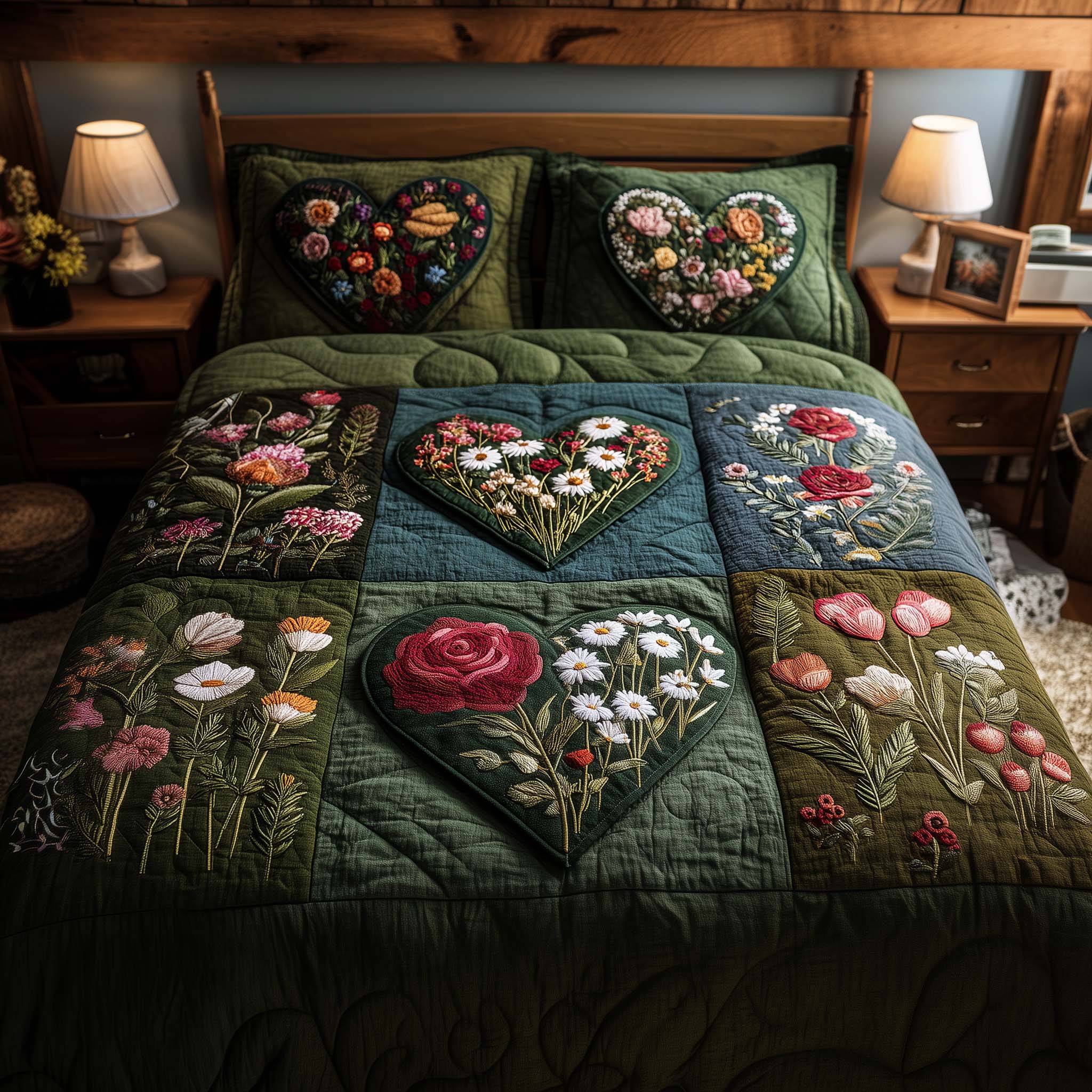 Blossom Heart Patchwork Quilted Bedding Set Mens Bedroom Decor Blossom Jewelry Gift - Tradiviet