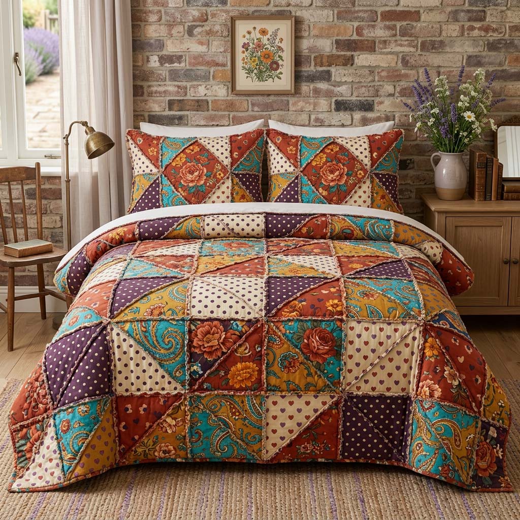 Blossom Patchwork Quilted Bedding Set Holiday Room Decor Unique Gift Ideas - Tradiviet
