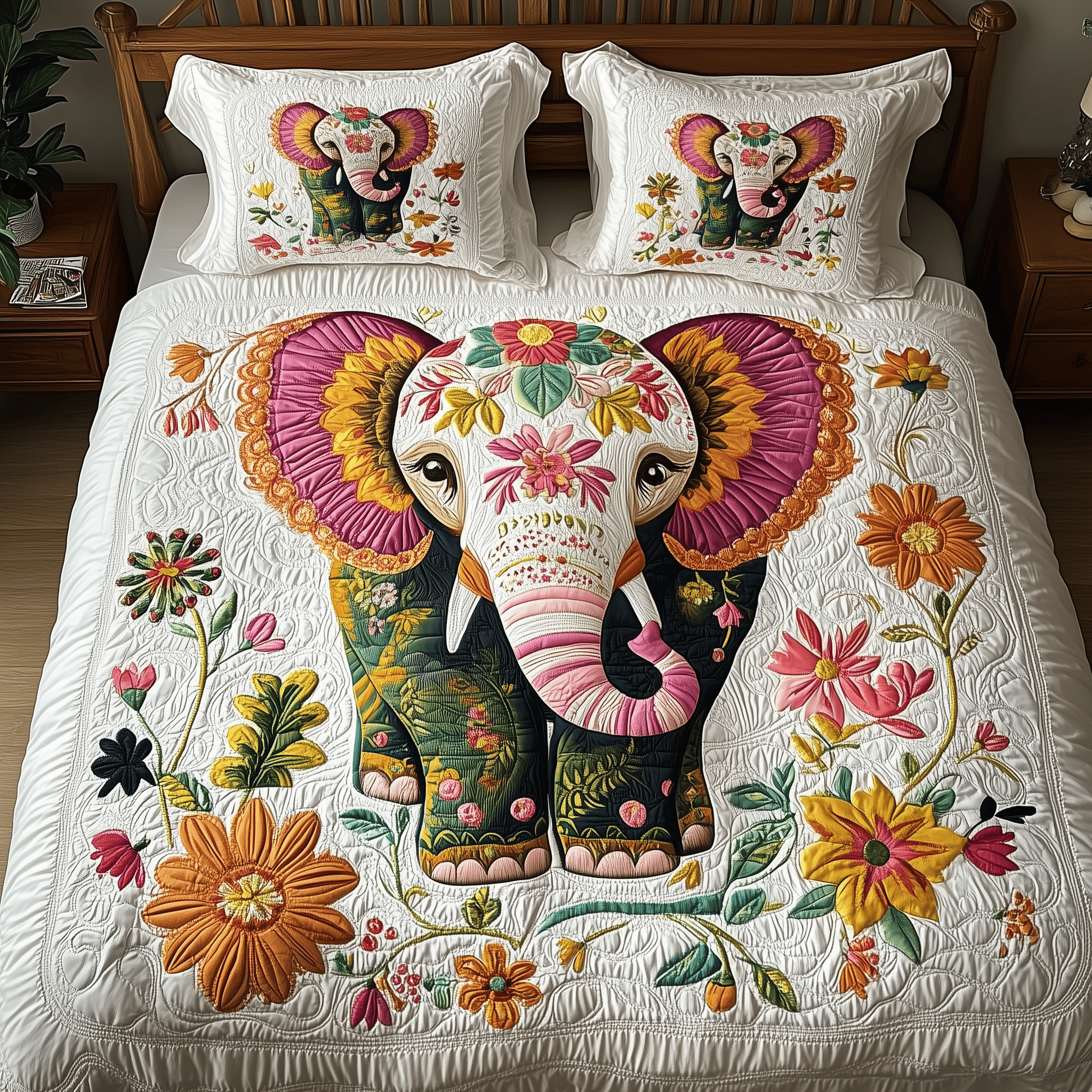 Blossom Trail Wanderer Quilted Bedding Set Elephant Garden Bloom Home Decor Gift For Husband - Tradiviet
