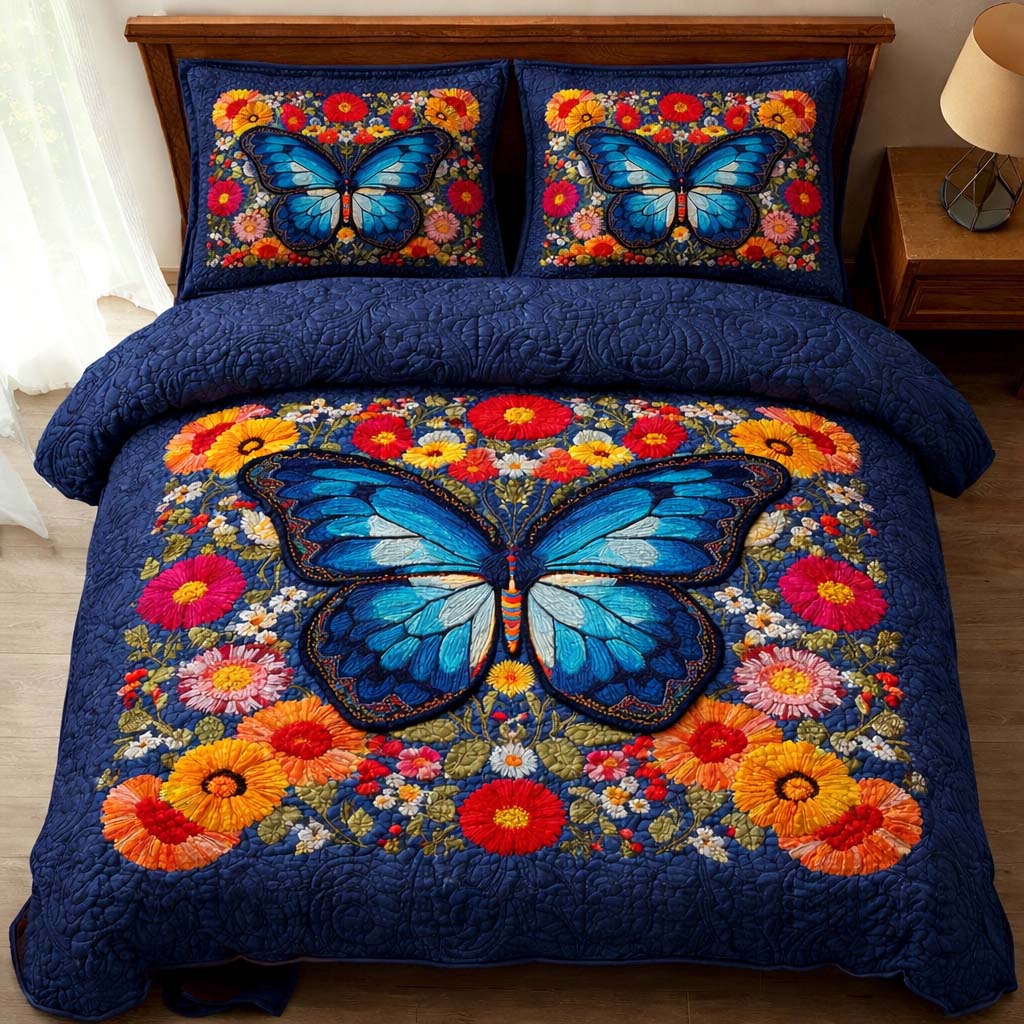 Blue Blossom Quilted Bedding Set Autumn Inspired Bedroom Blossom Gift For Wedding - Tradiviet