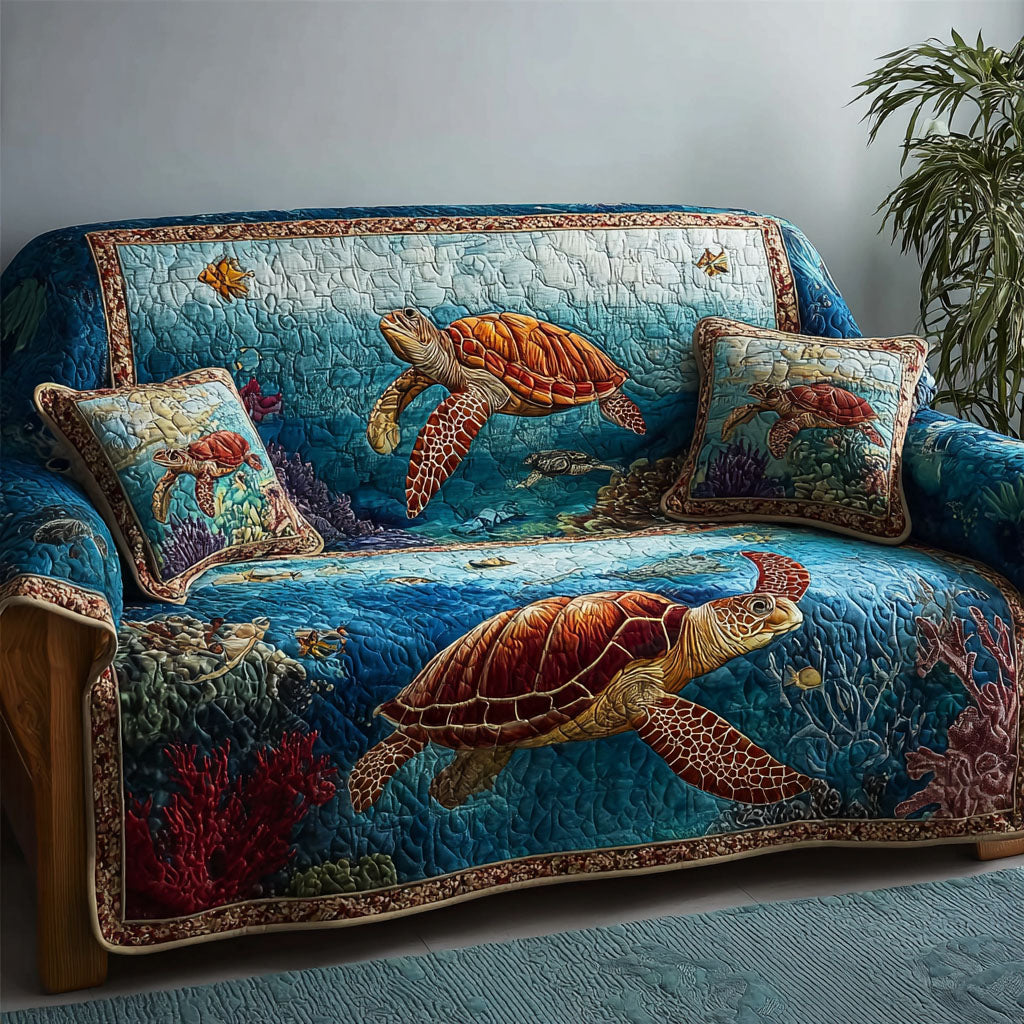 Blue Current Quilted Sofa Cover Ocean Wave Pattern Coastal Couch Decor