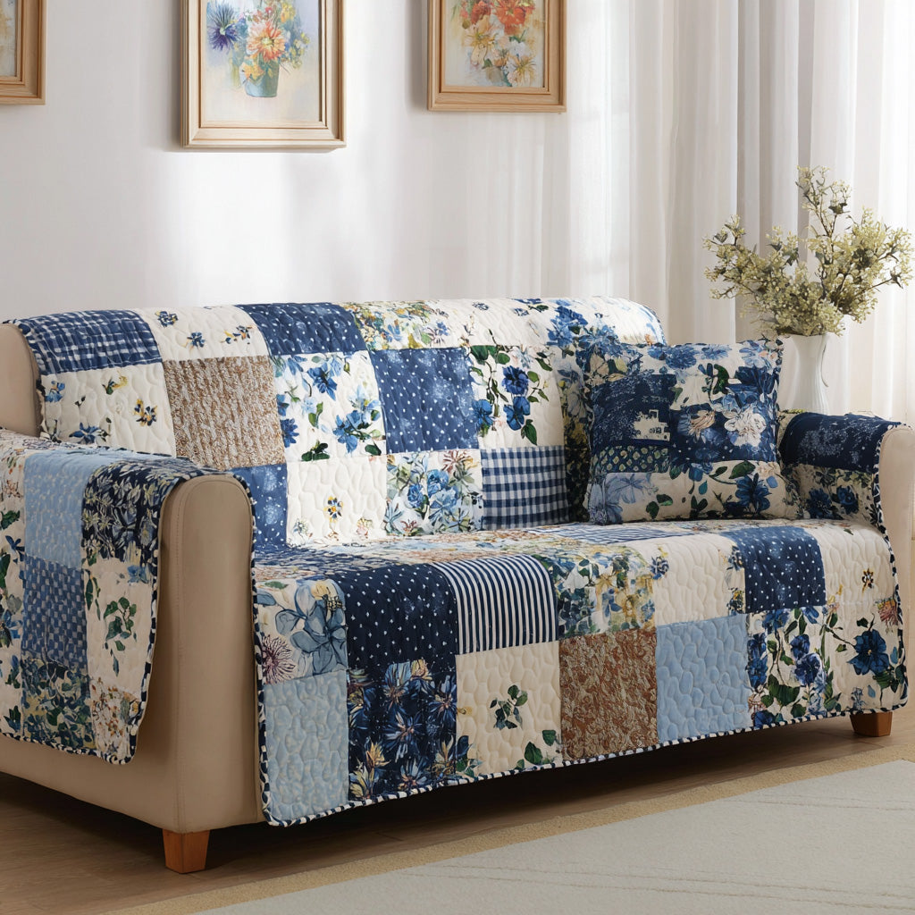 Blue Garden Quilted Sofa Cover Floral Couch Cover Spring Home Decor