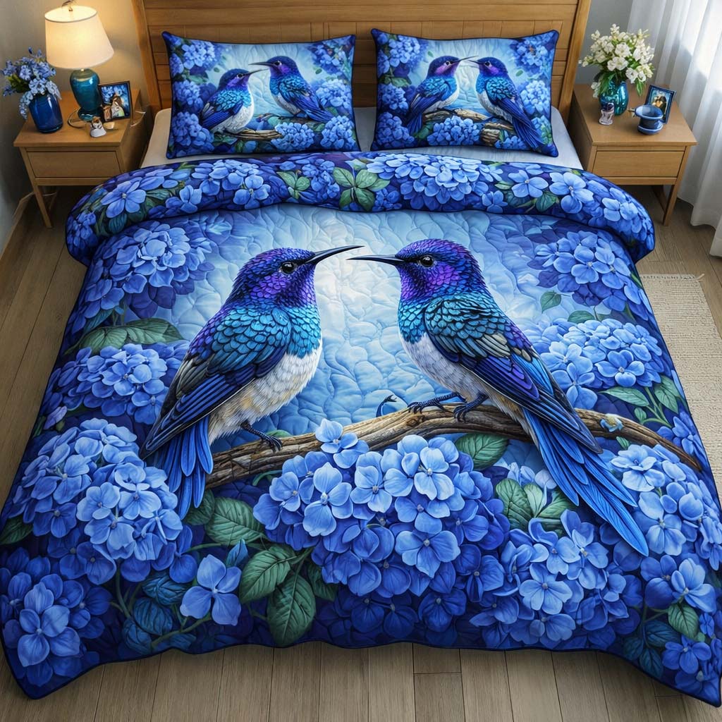 Blue Hydrangea Hummingbirds Quilted Bedding Set Holiday Bedroom Decor Unique Gifts For Hummingbird Lovers - Tradiviet